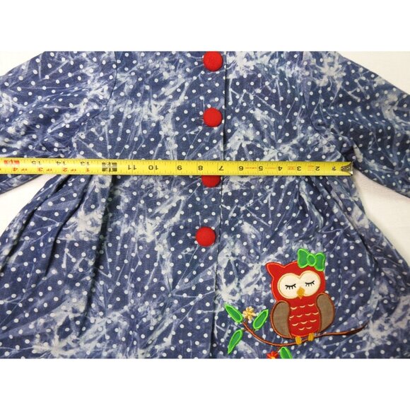 Maria Elena Girls 4T Hooded Coat Blue White Polka Dot Red Fleece Lined Owl Appli - Picture 6 of 8